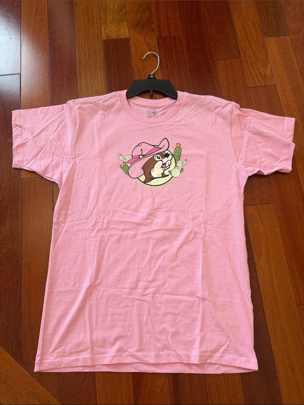 Pink Women’s Buc-Ees Graphic Tee with Cowboy Cartoon
